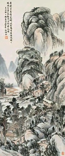 孙涌昭 石梁茅屋图 立轴 设色纸本