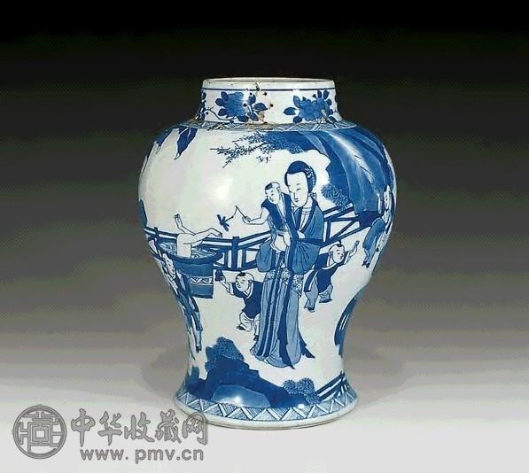 清康熙 青花四妃十六子罐