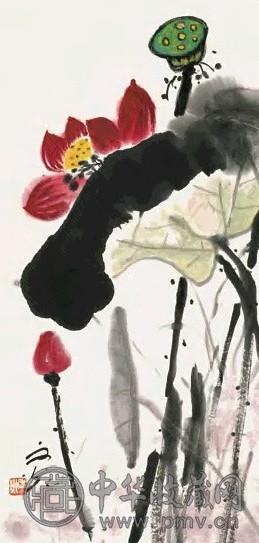 谢之光 红荷绿藕图 立轴 设色纸本