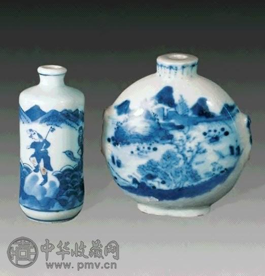 青花山水 加紫人物烟壶(2件)