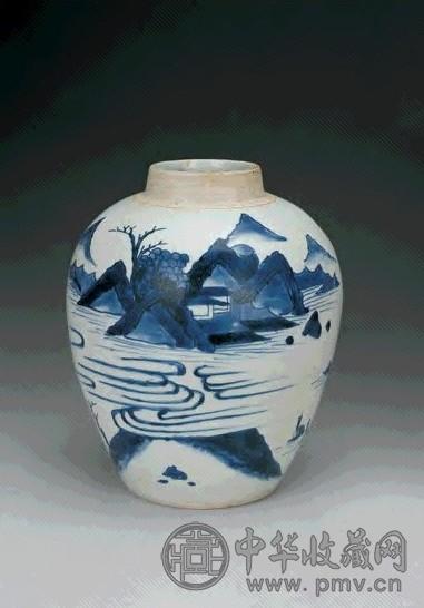清顺治 青花山水纹罐