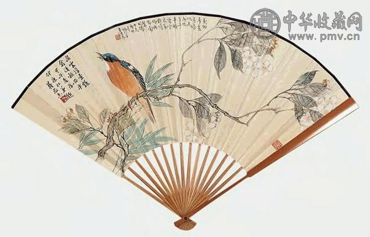 当代 王师子 梨云朱雀 成扇