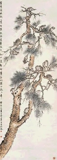 陶云 群猴图 立轴 设色纸本