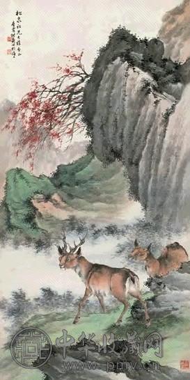 洪庶安 双鹿图 立轴