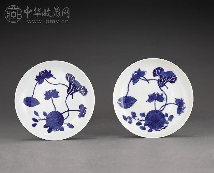清 青花荷莲花纹盘(1对)