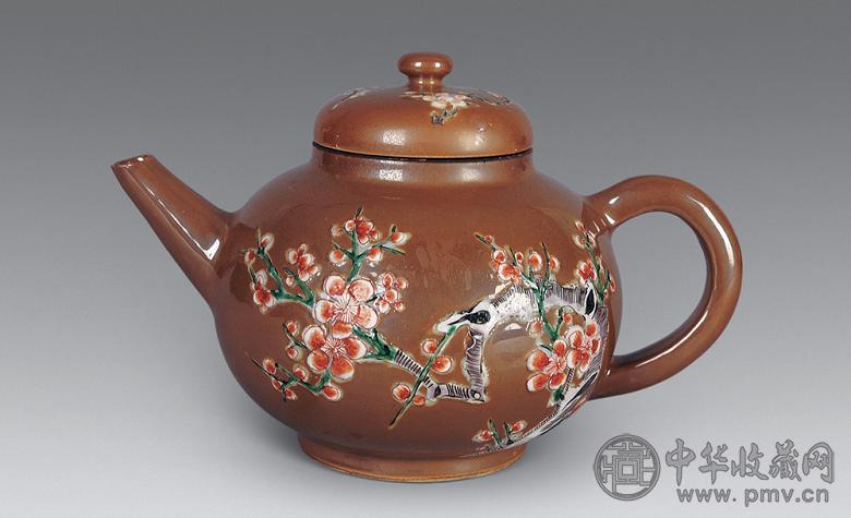 清 酱釉加彩花卉大茶壶