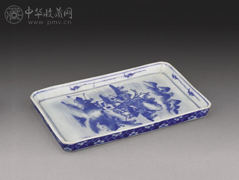清康熙 青花山水人物茶盘