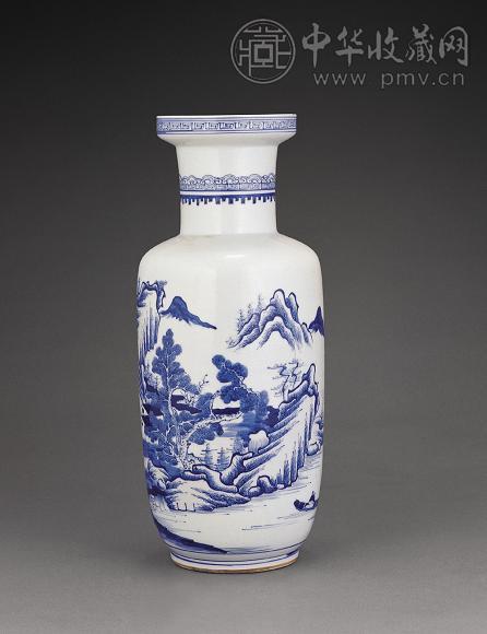 清 青花山水人物棒槌瓶
