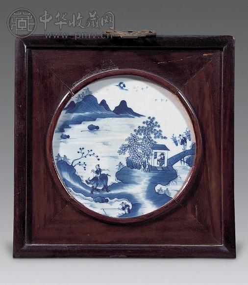 清康熙 青花山水人物瓷板