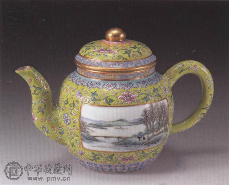 清 绿地开光山水茶壶