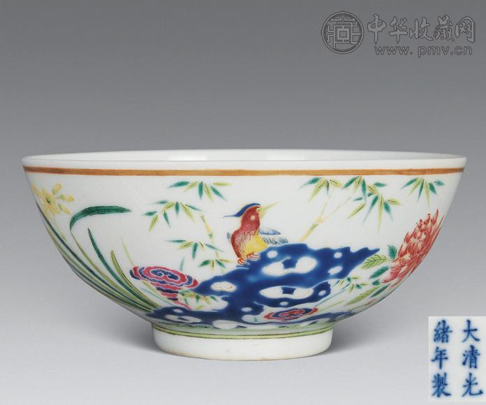 清光绪 粉彩加料彩锦鸡花卉碗