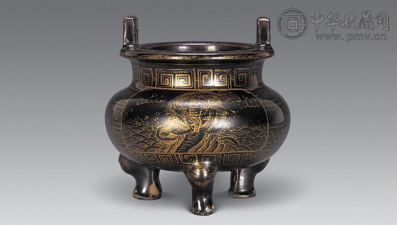 清中期 乌金釉描金麒鳞纹香炉