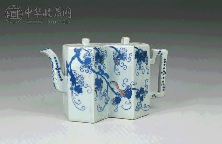 清中期 青花釉里红松鼠葡萄双联茶壶