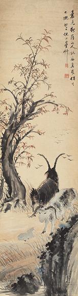 倪墨耕 近代 三羊开泰图 立轴 设色纸本