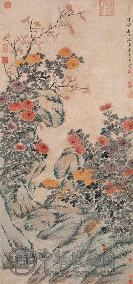 周之冕 1541年作 菊花鹌鹑 立轴 设色纸本