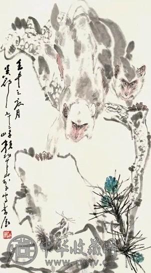 颜梅华 猴趣图 立轴 纸本