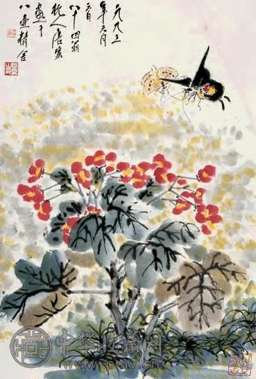 唐云 1993年作 蚨蛉海棠图 立轴 设色纸本
