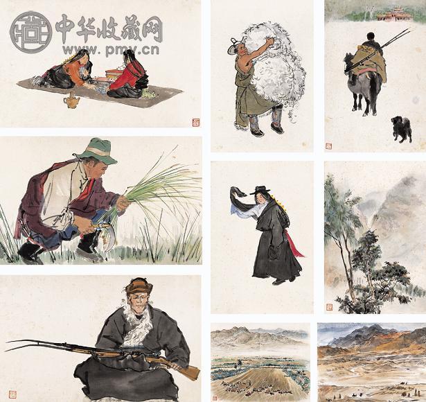 叶浅予 风景人物(9幅) 纸上 彩墨