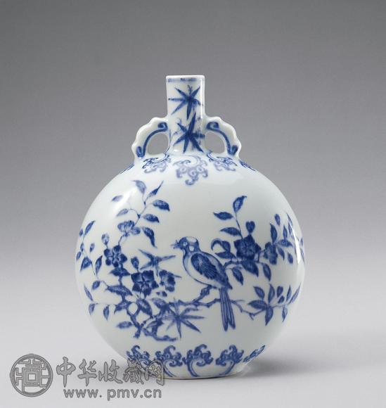 清雍正 青花花鸟纹双耳扁壶