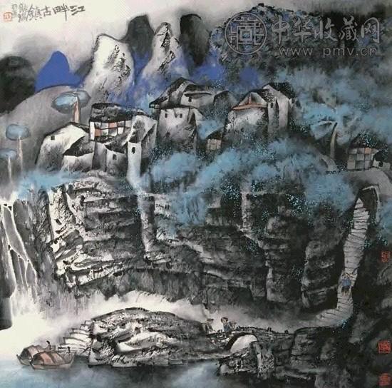 龙瑞 江畔古镇 镜心 设色纸本