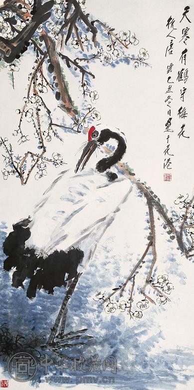 唐云 1985年作 天寒有鹤守梅花 立轴 设色纸本