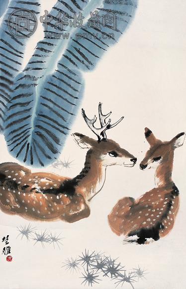 方楚雄 双鹿图 立轴 设色纸本