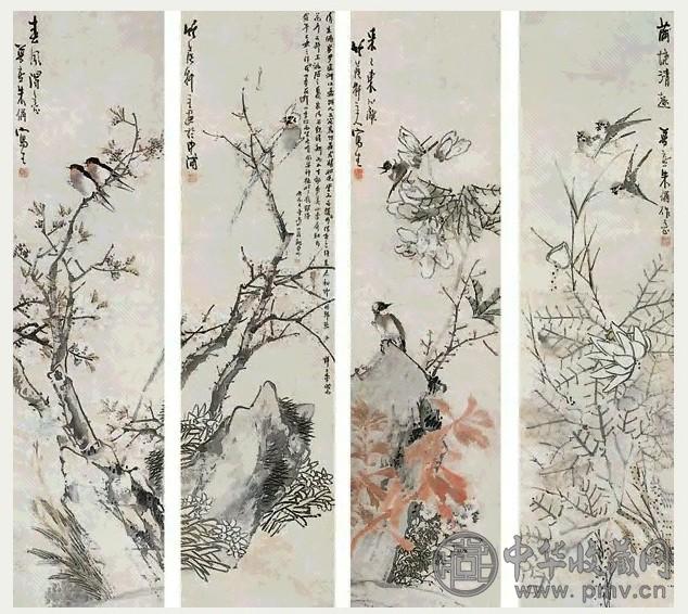 朱梦庐 花鸟 四屏 设色