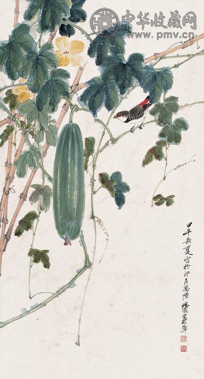 黄独峰 1954年作 丝瓜小鸟 立轴 设色纸本