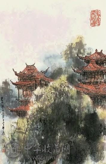 何镜涵 1979年作 楼阁图 镜心 设色纸本