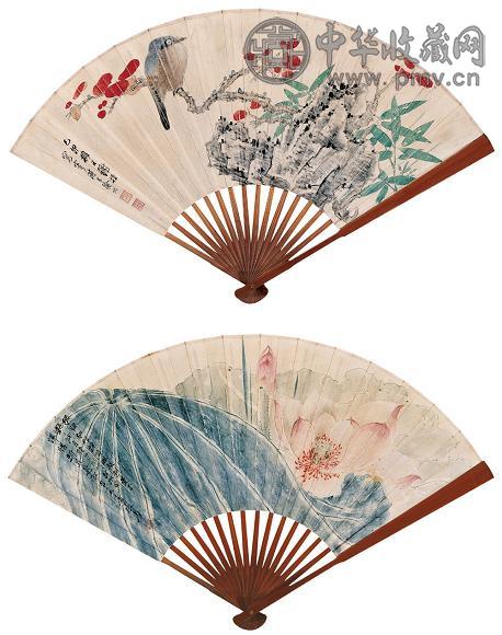 张大千 谢稚柳 莲花盛开时 工笔花鸟 成扇 设色纸本