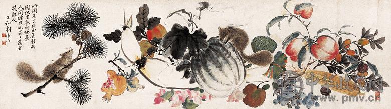 刘德六 双鼠戏果图 手卷 设色纸本
