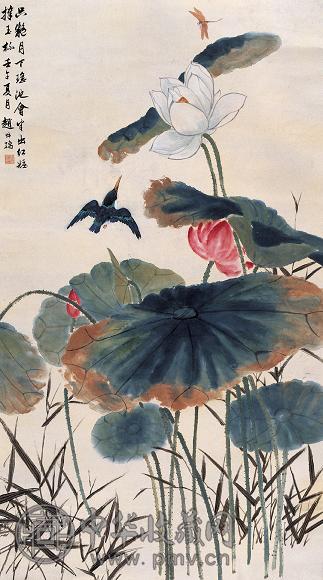 赵叔孺 1942年作 荷花翠鸟 立轴 设色纸本