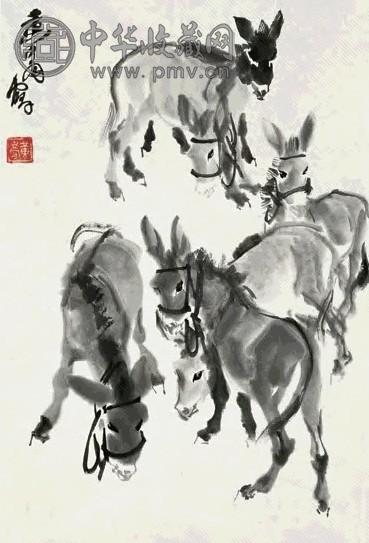 黄冑 六驴图 镜心 水墨纸本