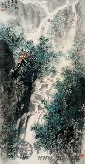 张登堂 1980年作 夏山观瀑 立轴 设色纸本