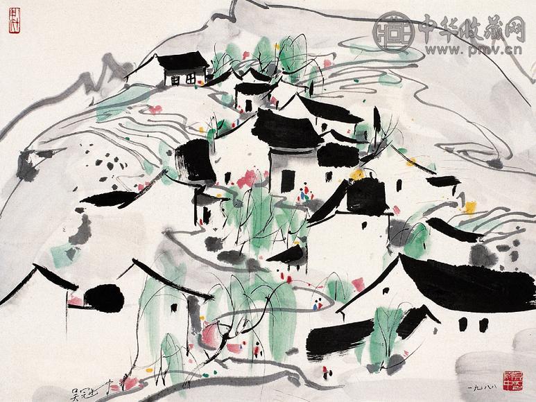 吴冠中 1988年作 春山新雨后 镜心 设色纸本