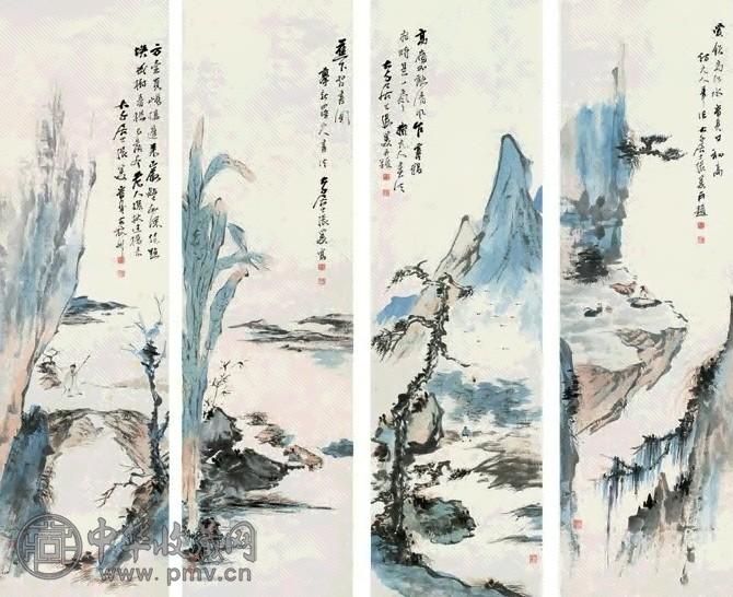 张大千山水四屏设色纸本收藏资讯|艺术家|书画家|书画名人|书法家