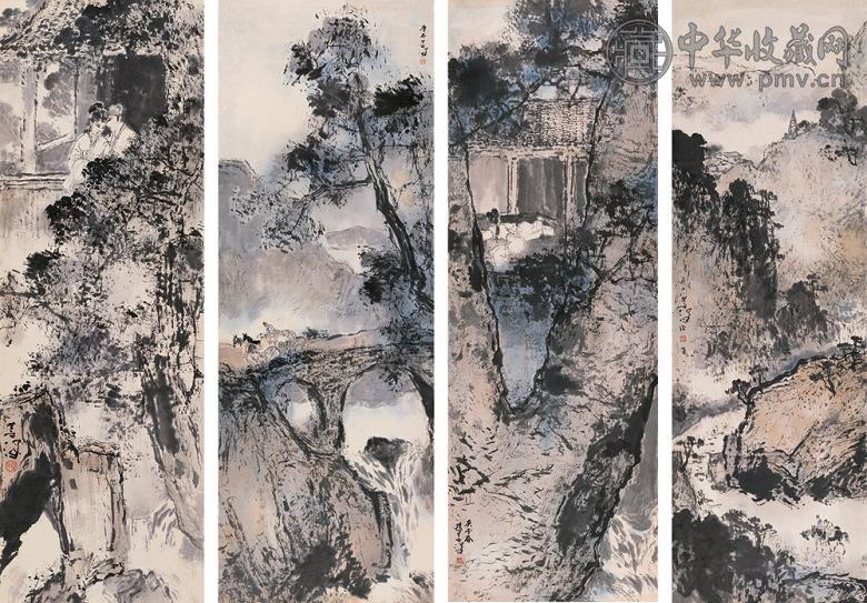 杨善深 1990年作 山水 四屏 设色纸本