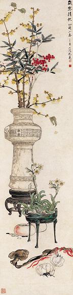孔小瑜 1945年作 岁寒清供图 立轴 设色纸本