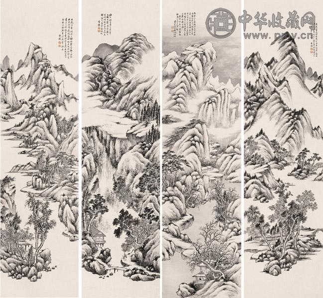 何维朴 群山竞秀四屏 水墨纸本