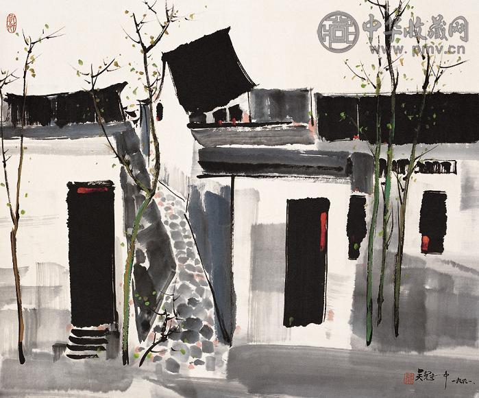 吴冠中 1991年作 江南民居图 镜心 设色纸本