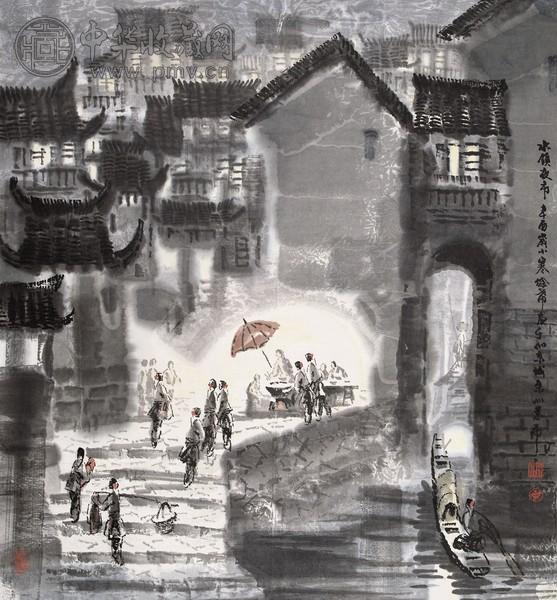 徐希 水镇夜市 设色纸本