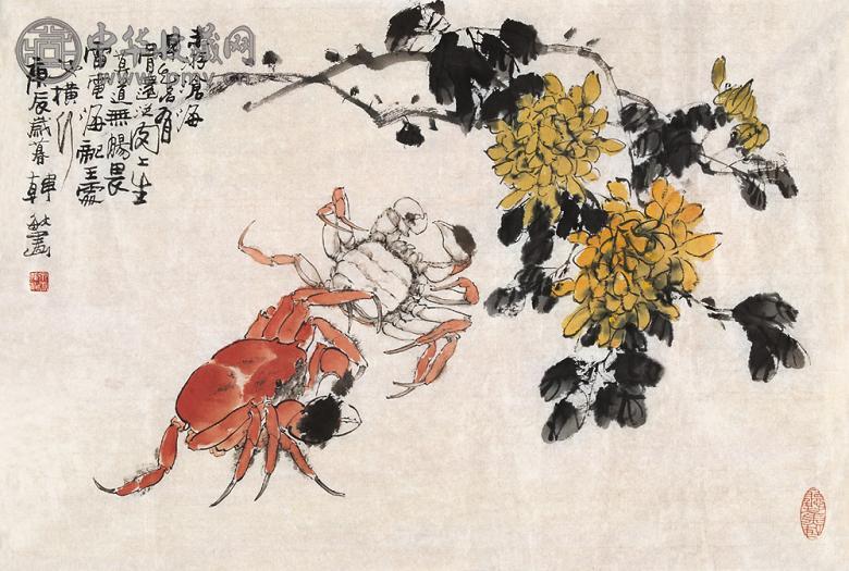 韩敏 2000年作 菊蟹图 单片 设色纸本