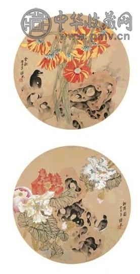 裘缉木 2003年作 金秋图 初阳图(2帧) 圆光 设色纸本