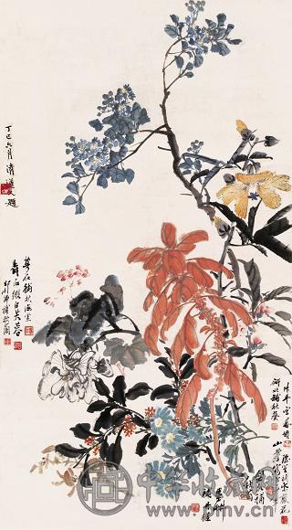 倪墨畊 等 1917年作 花卉 立轴 设色纸本