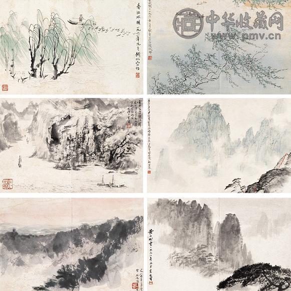 傅抱石 钱松嵒 等 1961-1964年作 山水册 册页(12开选6) 设色纸本