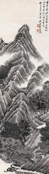 顾鹤庆 幽谷古寺图 立轴 水墨纸本