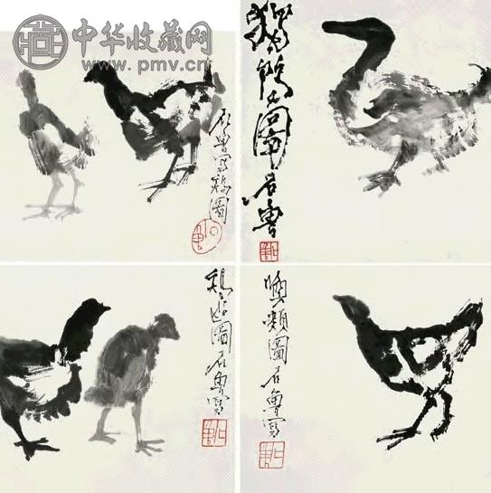 石鲁 1972年作 鸡鸭小品(4帧) 镜心 水墨纸本