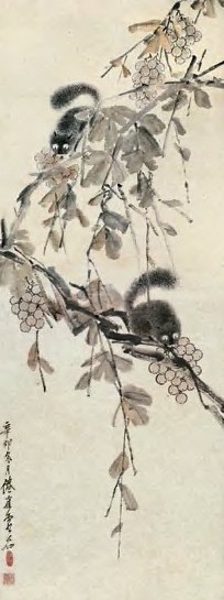 虚谷 松鼠葡萄 立轴 设色