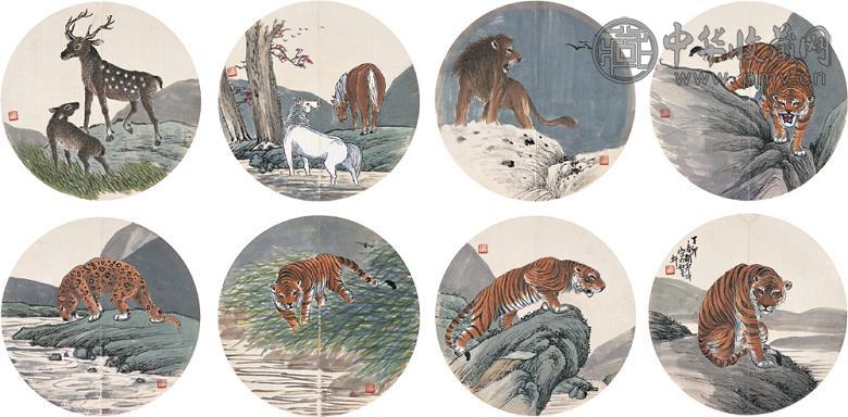 胡郯卿 1927年作 动物团扇册 册页(14开) 设色纸本