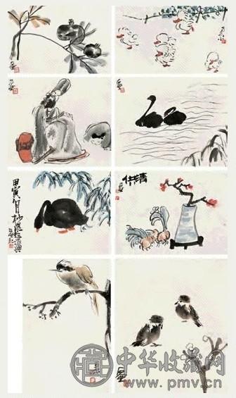 陈子庄 1974年作 山水花鸟杂册 册页(8开) 设色纸本